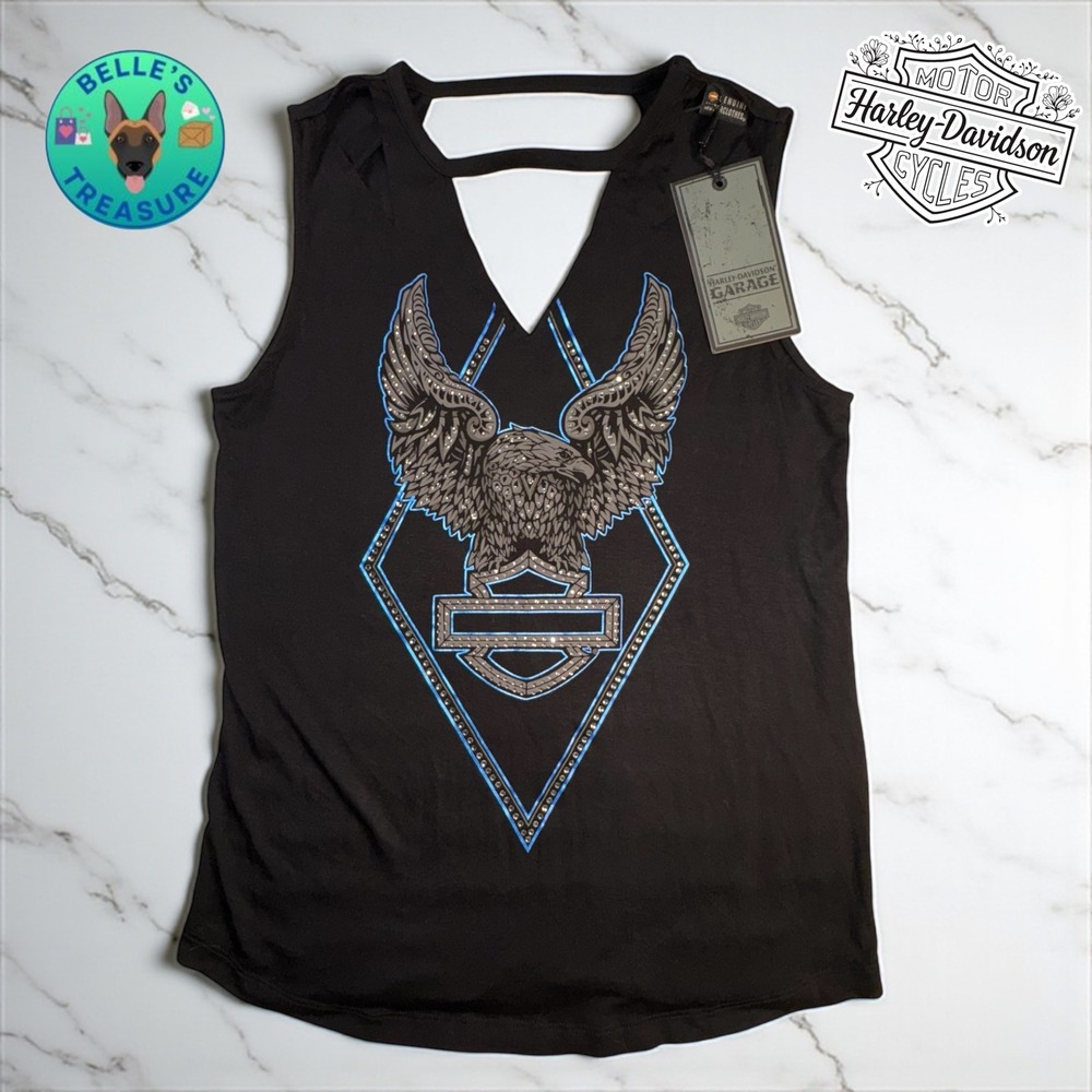 Harley Davidson Women's Small Black Eagle Sparkle Rhinestone Cutout Tank Top Y2K